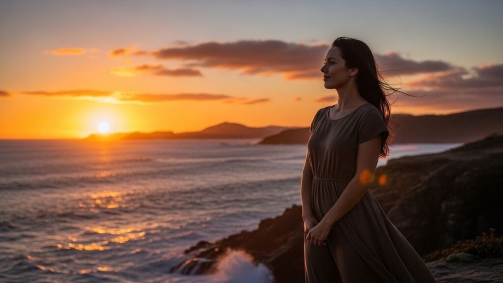 Mulher confiante ao pôr do sol representando amor próprio

