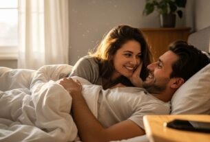 Casal sorrindo pela manhã representando bom dia frases de amor.