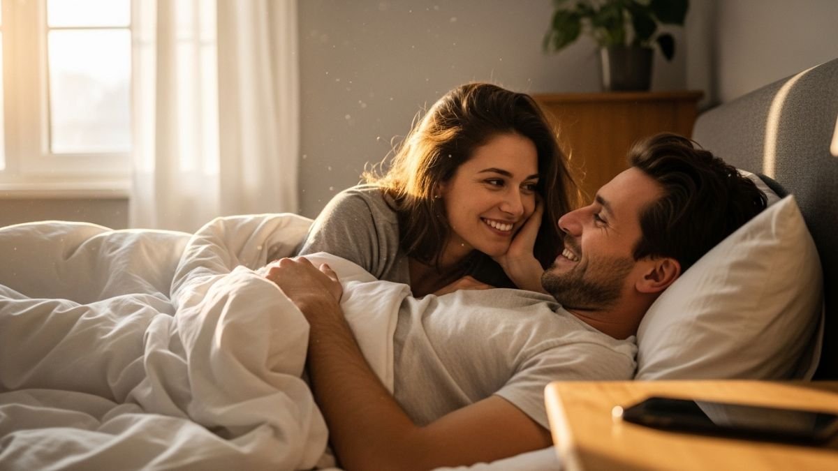 Casal sorrindo pela manhã representando bom dia frases de amor.