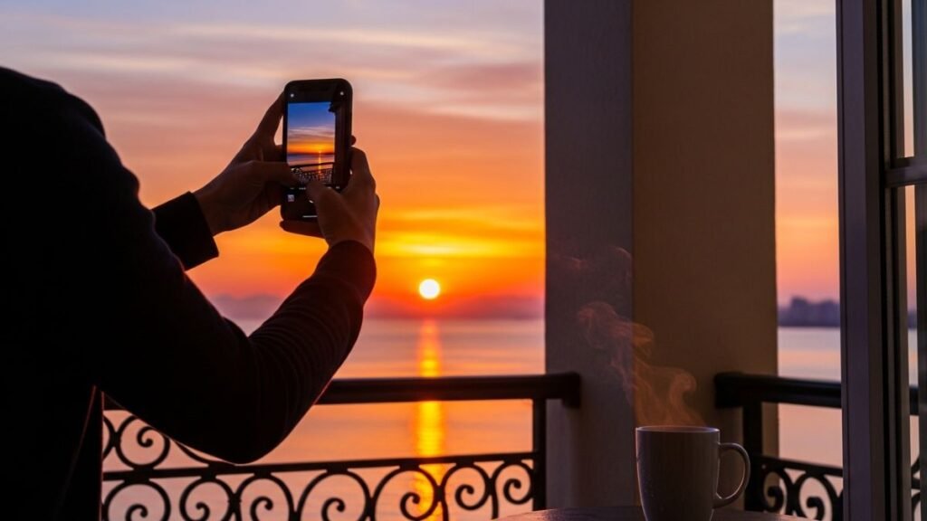 Bom Dia Frases de Amor: Mensagens Românticas para Começar o Dia Bem 3 Pessoa fotografando o amanhecer para postar bom dia frases de amor.