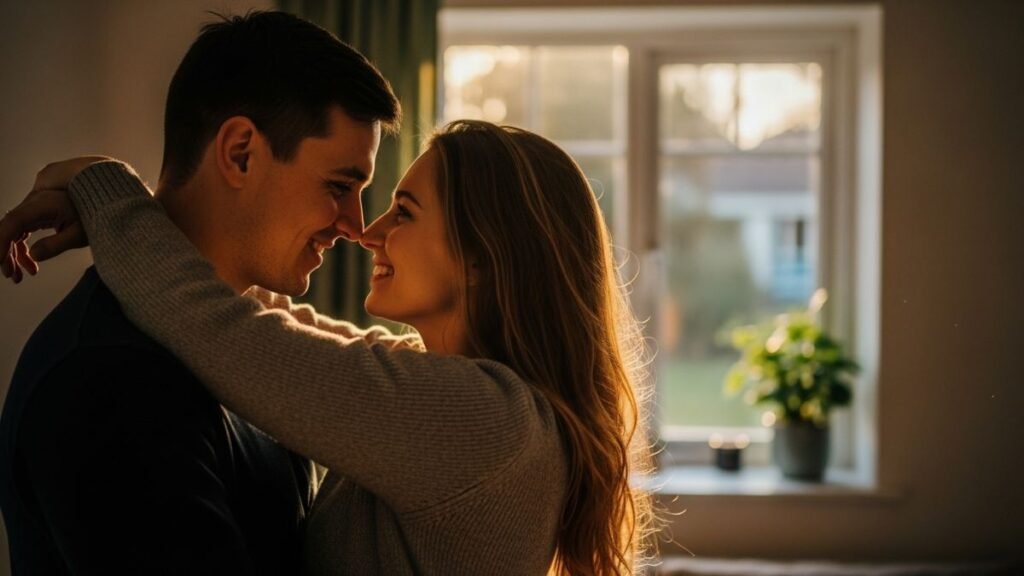 Casal em abraço romântico representando frases de amor curtas para namorada
