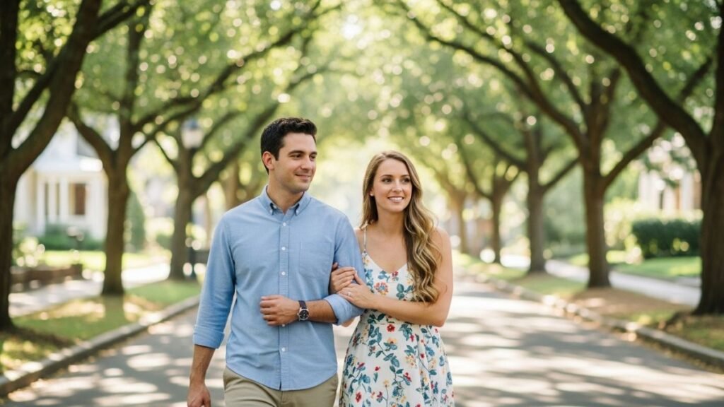 Casal caminhando abraçado representando variações de frases de amor
