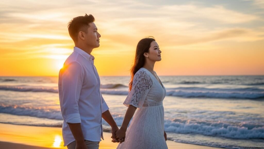 Casal de mãos dadas na praia simbolizando reflexão sobre o amor

