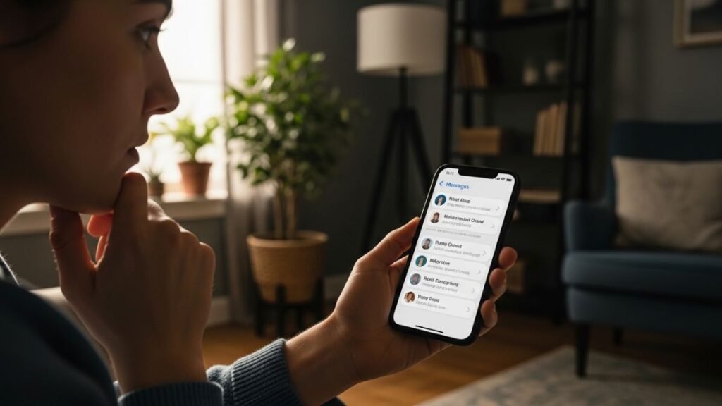 Pessoa escolhendo mensagem de boa tarde no celular durante a tarde em casa.