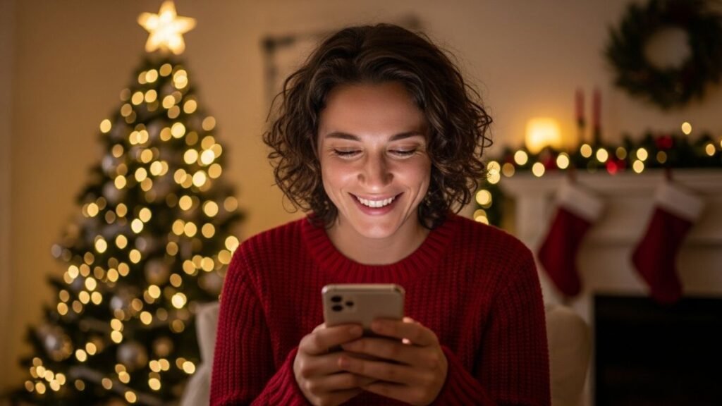 Pessoa lendo mensagem de natal no celular durante a noite de Natal.