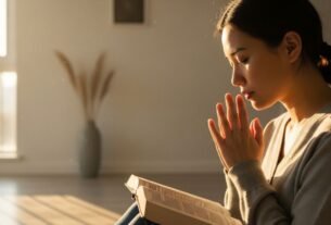 Imagem de mulher em oração segurando a Bíblia com luz suave ao amanhecer representando frase bíblica de esperança.