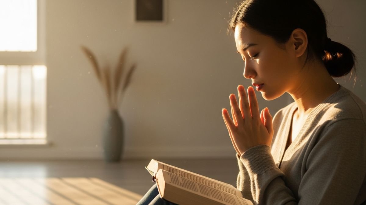 Imagem de mulher em oração segurando a Bíblia com luz suave ao amanhecer representando frase bíblica de esperança.