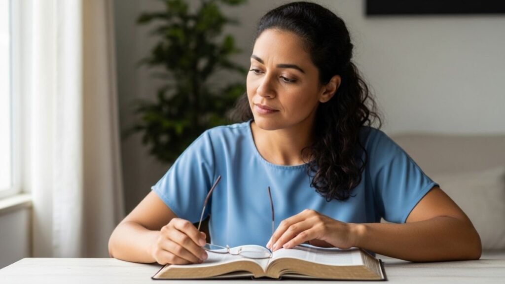 Pessoa refletindo sobre frases bíblicas enquanto lê a Bíblia.