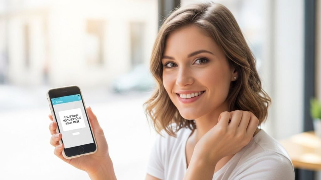 Mulher sorrindo enquanto posta frase bíblica nas redes sociais pelo celular.