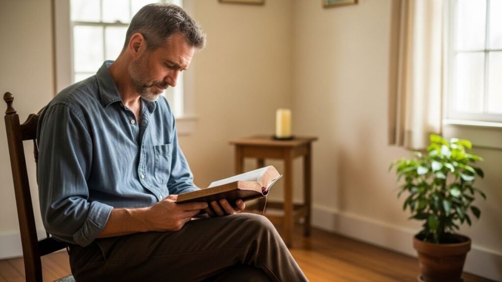 Homem lendo a Bíblia em silêncio simbolizando reflexão sobre frase bíblica.