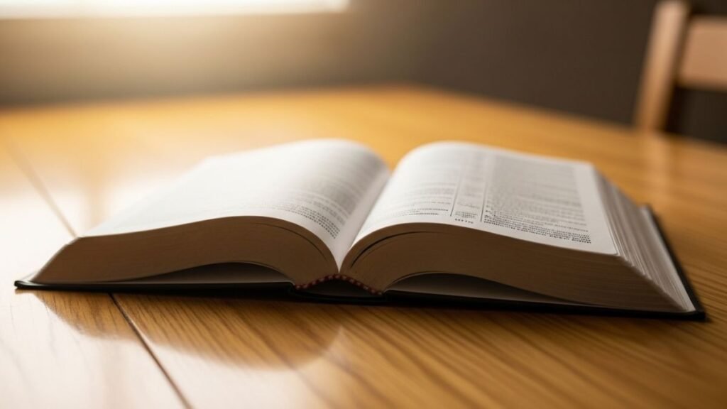 Bíblia aberta sobre mesa com luz suave representando variações de frase bíblica.