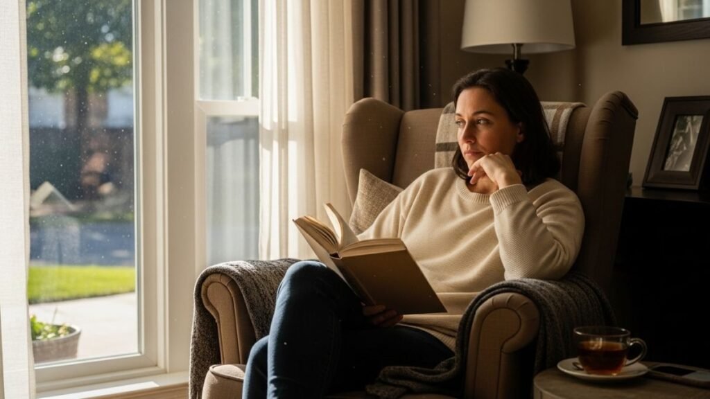 Pessoa sentada lendo e refletindo sobre uma frase motivacional do dia.