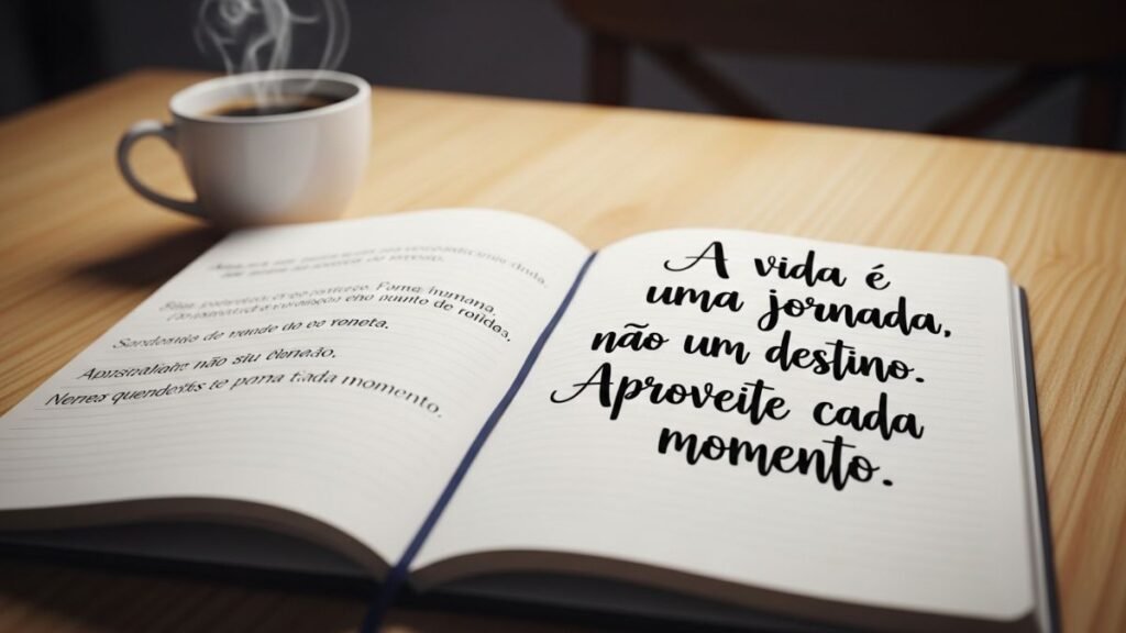 Caderno aberto com anotações de frase motivacional do dia sobre mesa iluminada.