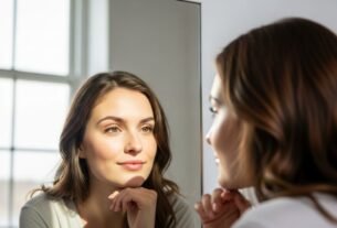 Mulher se olhando no espelho representando amor próprio para status