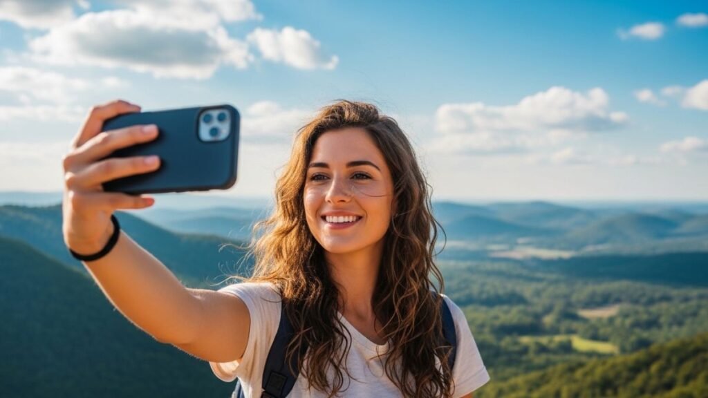 Pessoa tirando selfie representando frases de amor próprio para status em redes sociais
