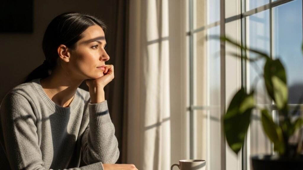 Mulher refletindo sobre frases de amor próprio para status
