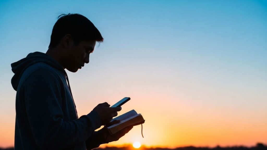 Pessoa com celular e Bíblia representando frases bíblicas curtas para status
