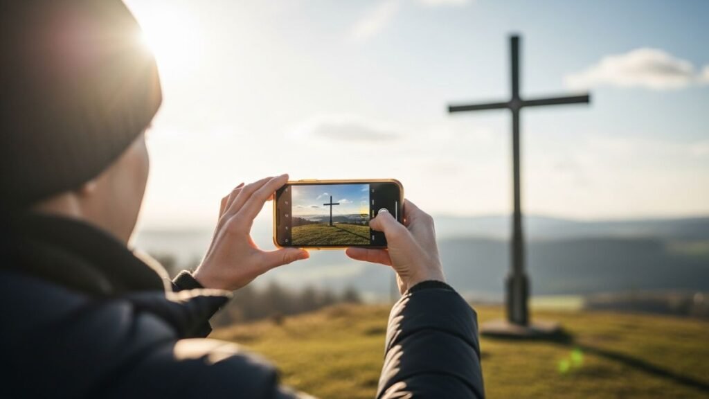 Pessoa fotografando com celular representando frases bíblicas curtas para redes sociais
