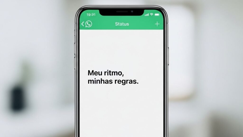 Tela de celular com exemplo de frases curtas para um status.