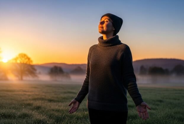 Pessoa olhando para o céu ao amanhecer representando frases de amor de Deus.