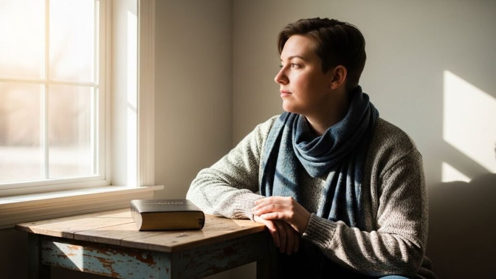 Pessoa refletindo após ler frases de amor de Deus.