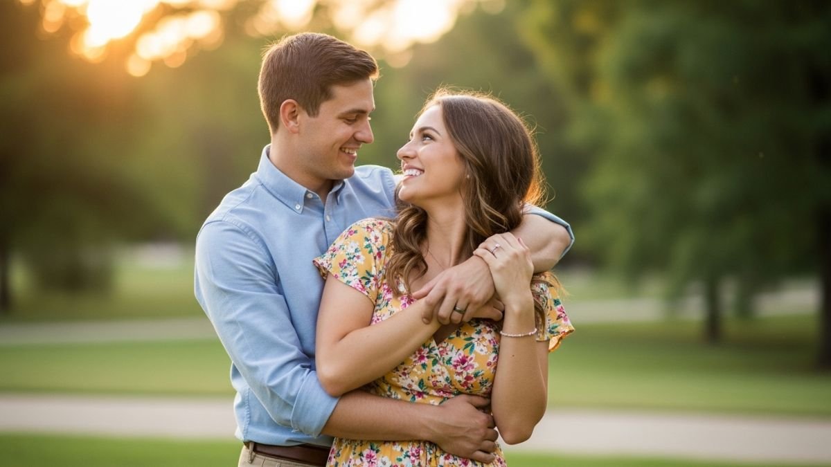 Casal apaixonado abraçado representando frases de amor para namorada