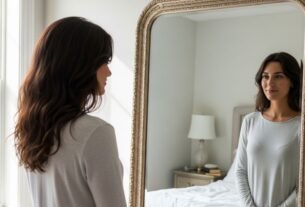 Mulher se olhando no espelho representando frases de amor próprio.