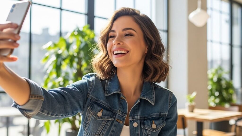 Mulher tirando selfie representando frases de amor próprio para redes sociais.