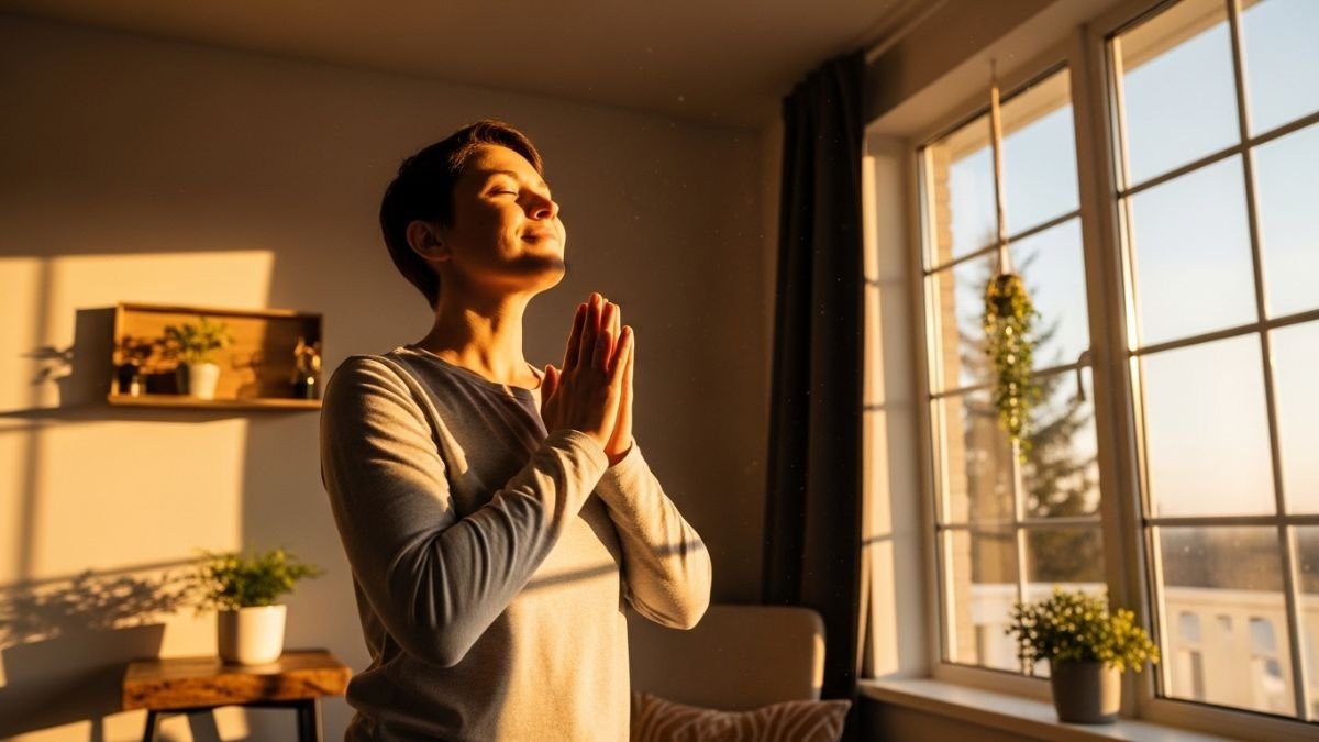 Pessoa agradecendo ao amanhecer representando frases de gratidão a deus para status.