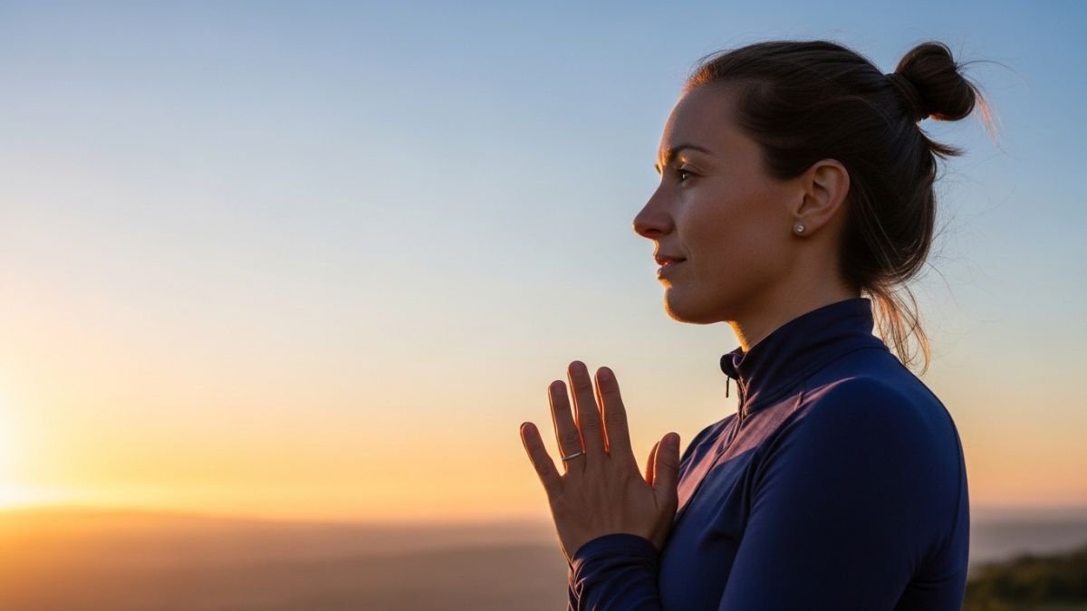 Mulher olhando o nascer do sol com expressão de gratidão representando frases de motivação e gratidão.