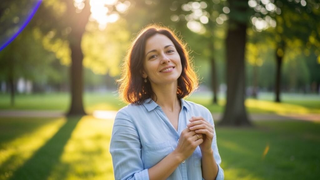 Pessoa sorrindo ao ar livre representando frases de motivação e gratidão curtas.