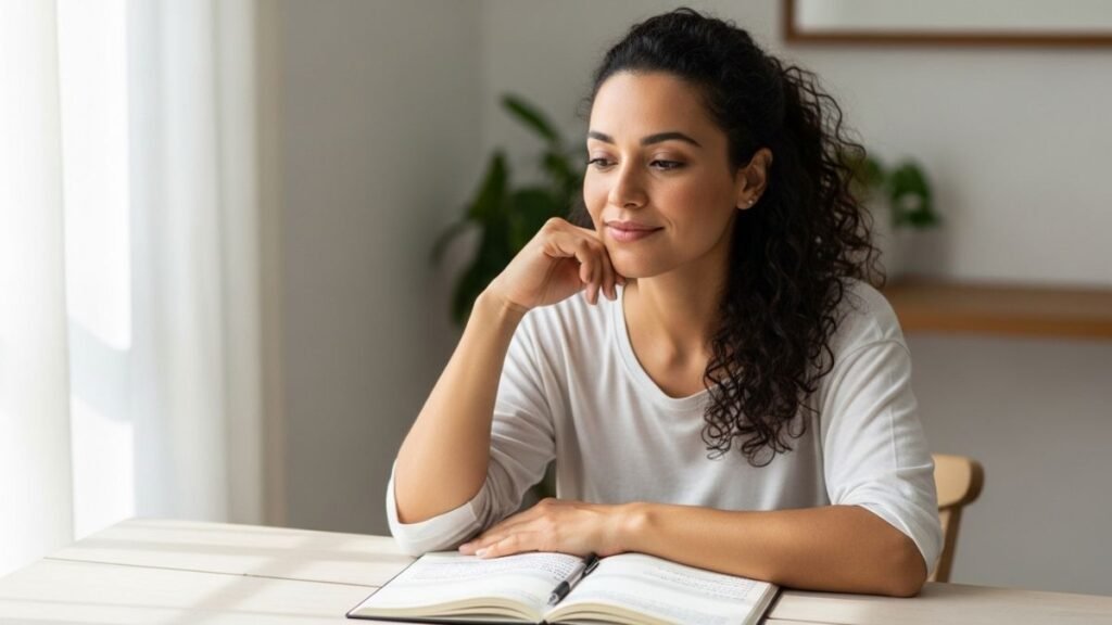 Pessoa lendo e refletindo sobre frases de motivação e gratidão antes de perguntas e respostas.