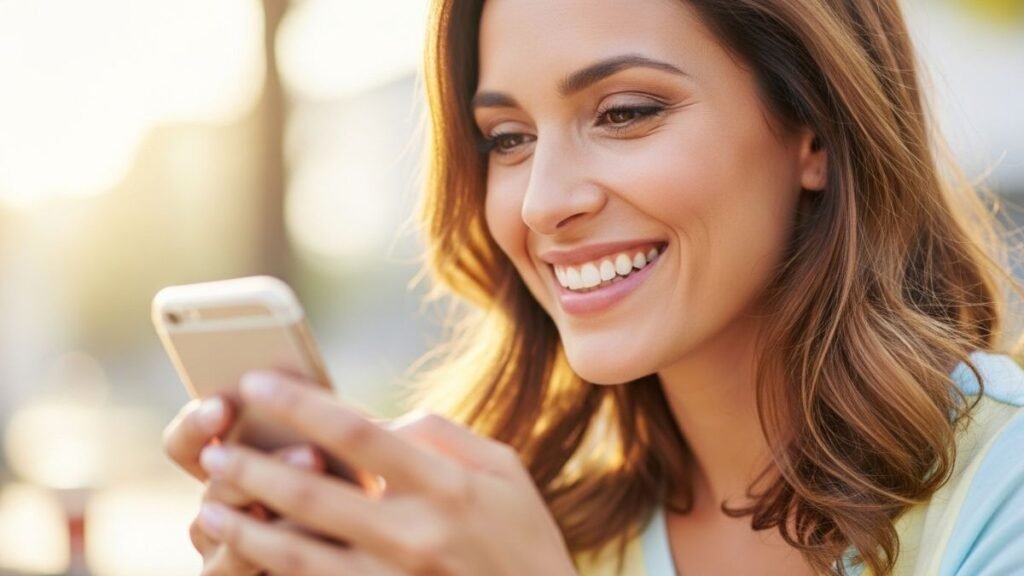 Mulher sorrindo enquanto posta frases de motivação e gratidão no celular.