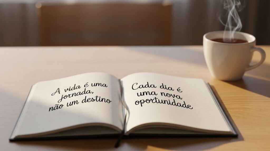 Caderno aberto com frases de motivação e gratidão escritas à mão sobre mesa iluminada.