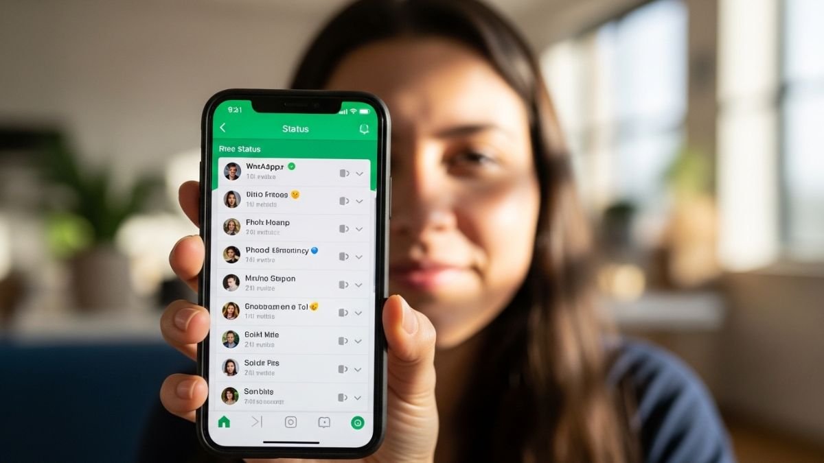 Pessoa usando o celular para escolher frases para um status.