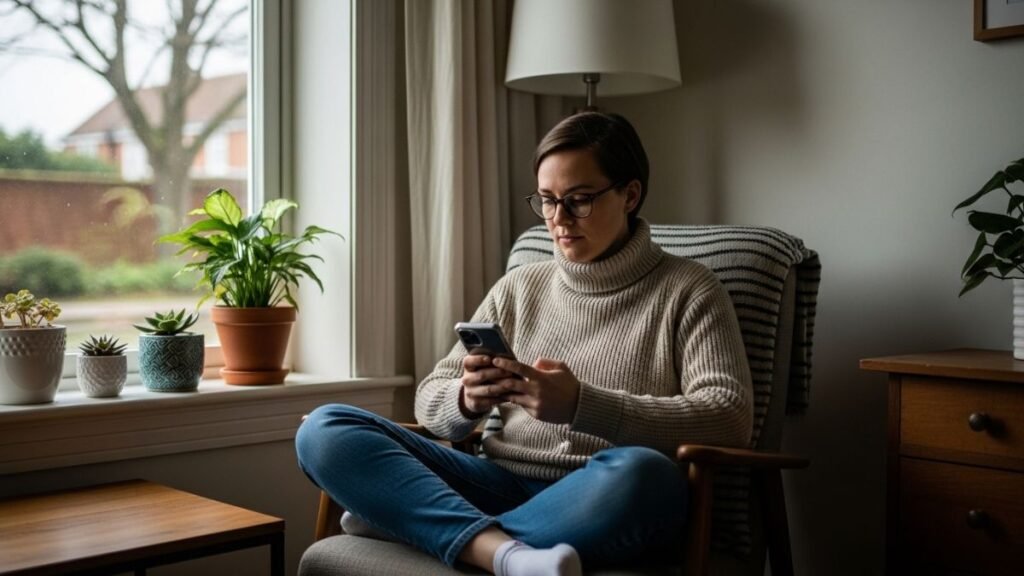 Pessoa refletindo ao ler frases para um status.