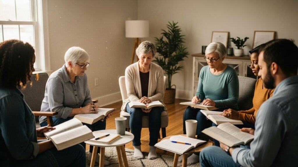 Grupo de pessoas estudando a Bíblia representando variações de frases bíblicas curtas
