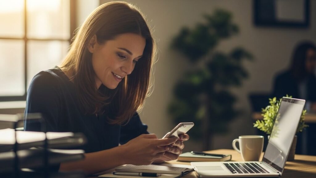 Mulher sorrindo ao ler mensagem de boa tarde no celular durante o trabalho à tarde.