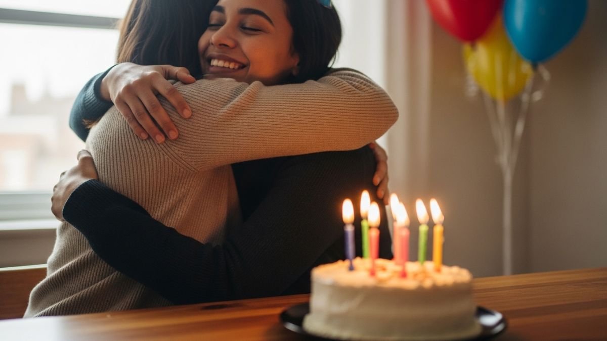 Pessoa comemorando com bolo e abraços representando mensagem de aniversário especial.