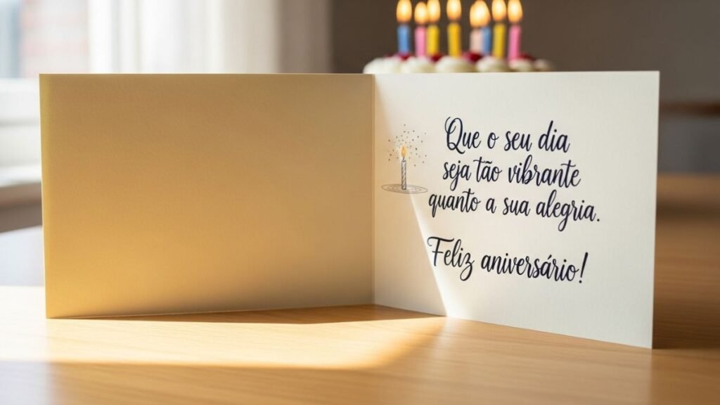Cartão com mensagem de aniversário curta escrita à mão.