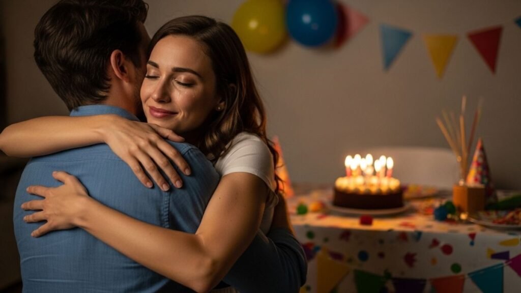 Abraço emocionado durante entrega de mensagem de aniversário.