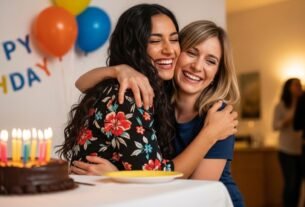 Duas amigas comemorando aniversário com abraço e sorriso sincero.
