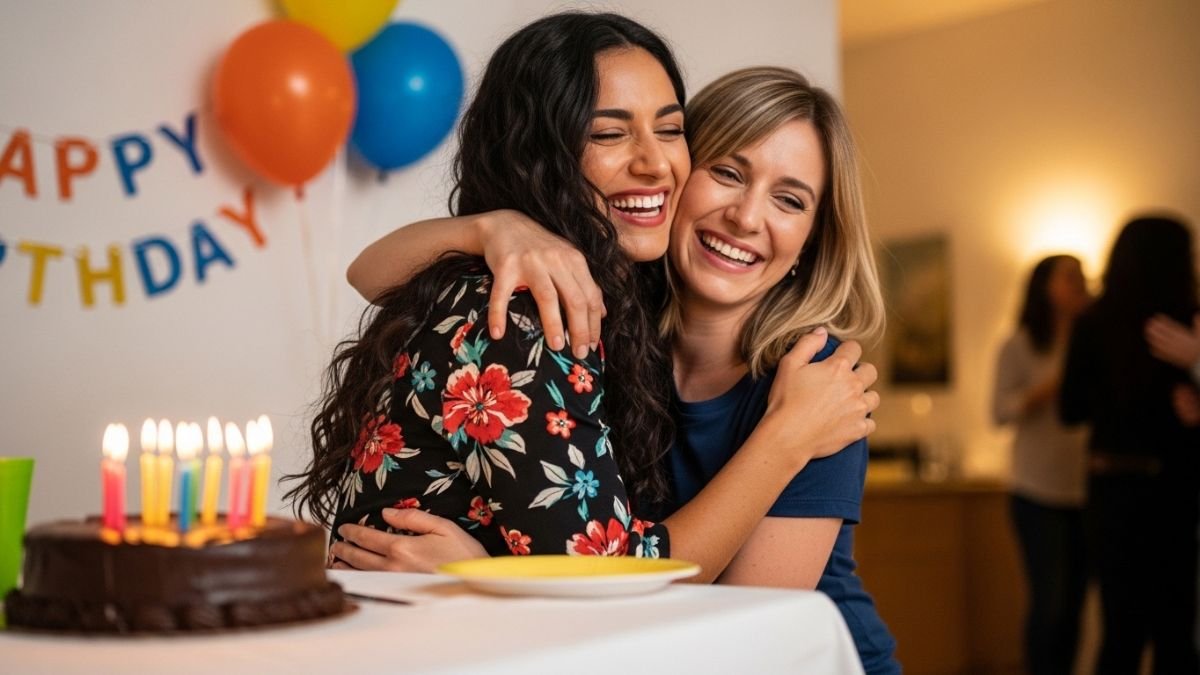 Duas amigas comemorando aniversário com abraço e sorriso sincero.
