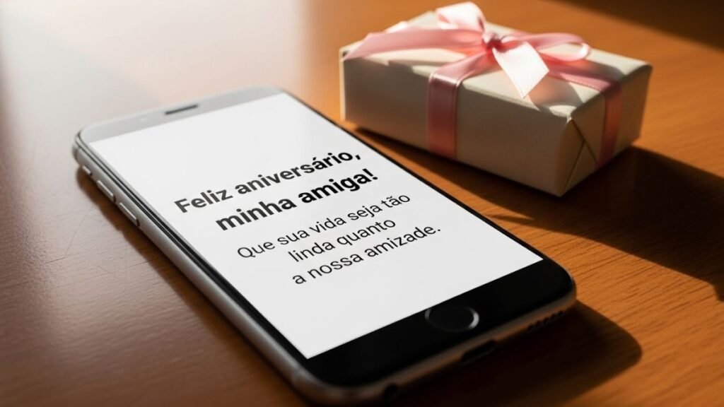 As Melhores Mensagem de Aniversário para Amiga Querida 2 Celular exibindo mensagem de aniversário para amiga ao lado de presente.