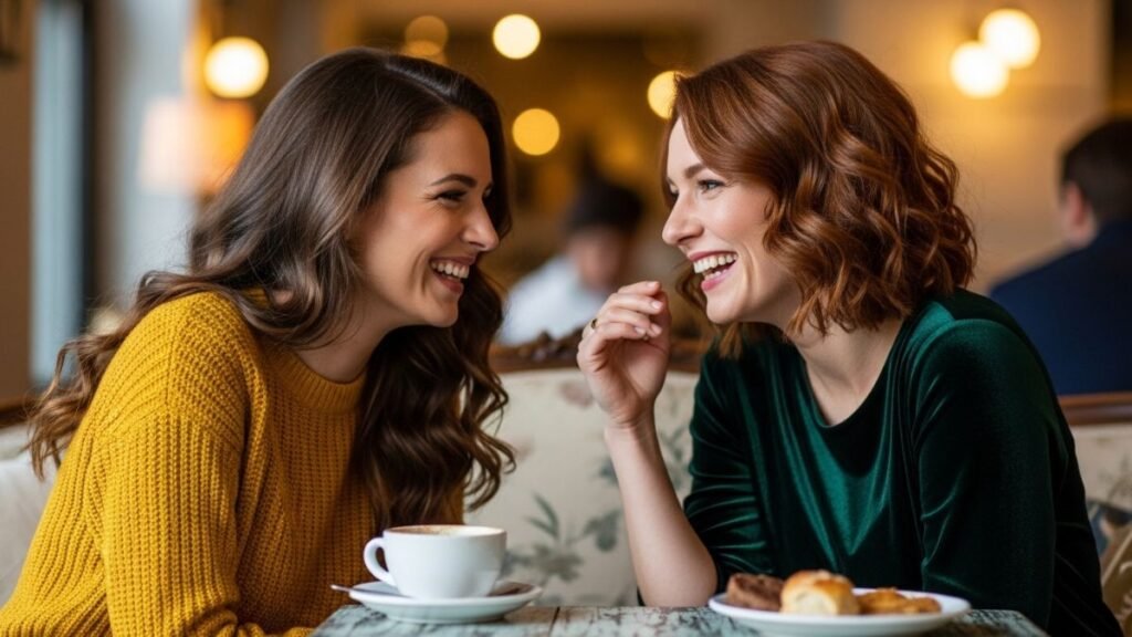 As Melhores Mensagem de Aniversário para Amiga Querida 3 Amigas conversando emocionadas durante aniversário.