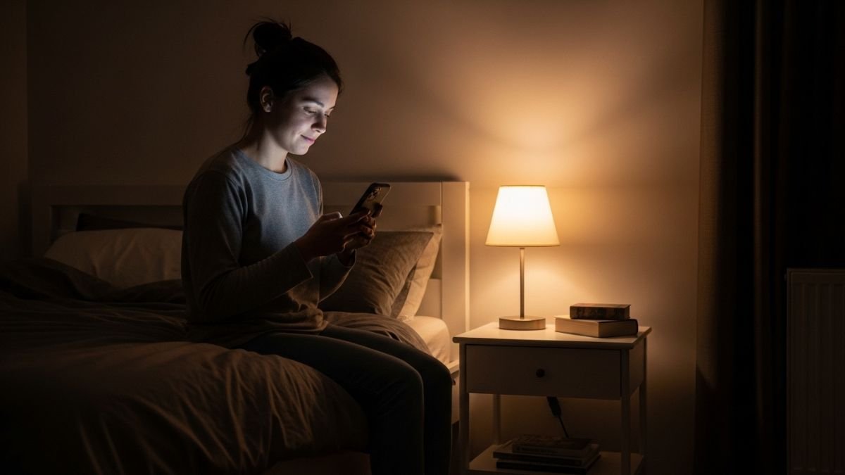 Pessoa relaxando na cama enviando mensagem de boa noite antes de dormir.