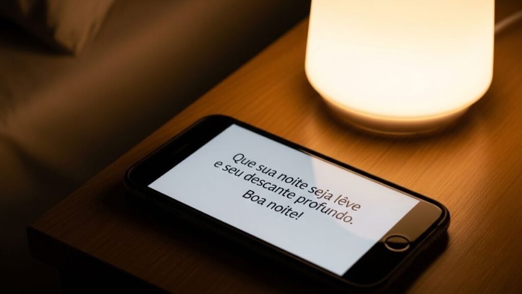 Celular exibindo mensagem de boa noite curta na tela.