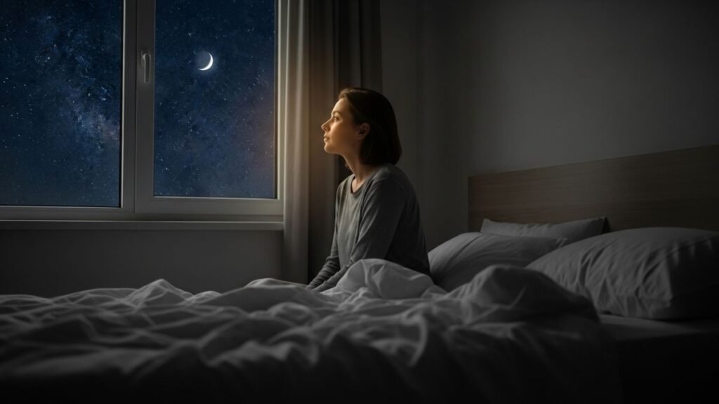 Pessoa refletindo à noite após receber mensagem de boa noite emocionante.