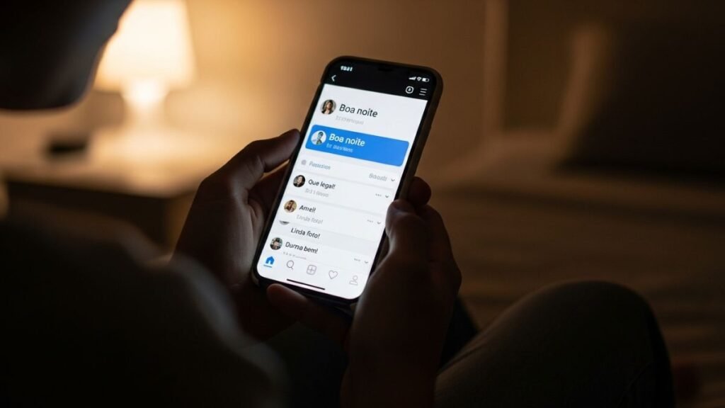 Publicação de mensagem de boa noite nas redes sociais no celular.