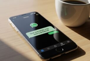 Celular exibindo mensagem de boa tarde na tela ao lado de uma xícara de café em mesa iluminada pela luz da tarde.